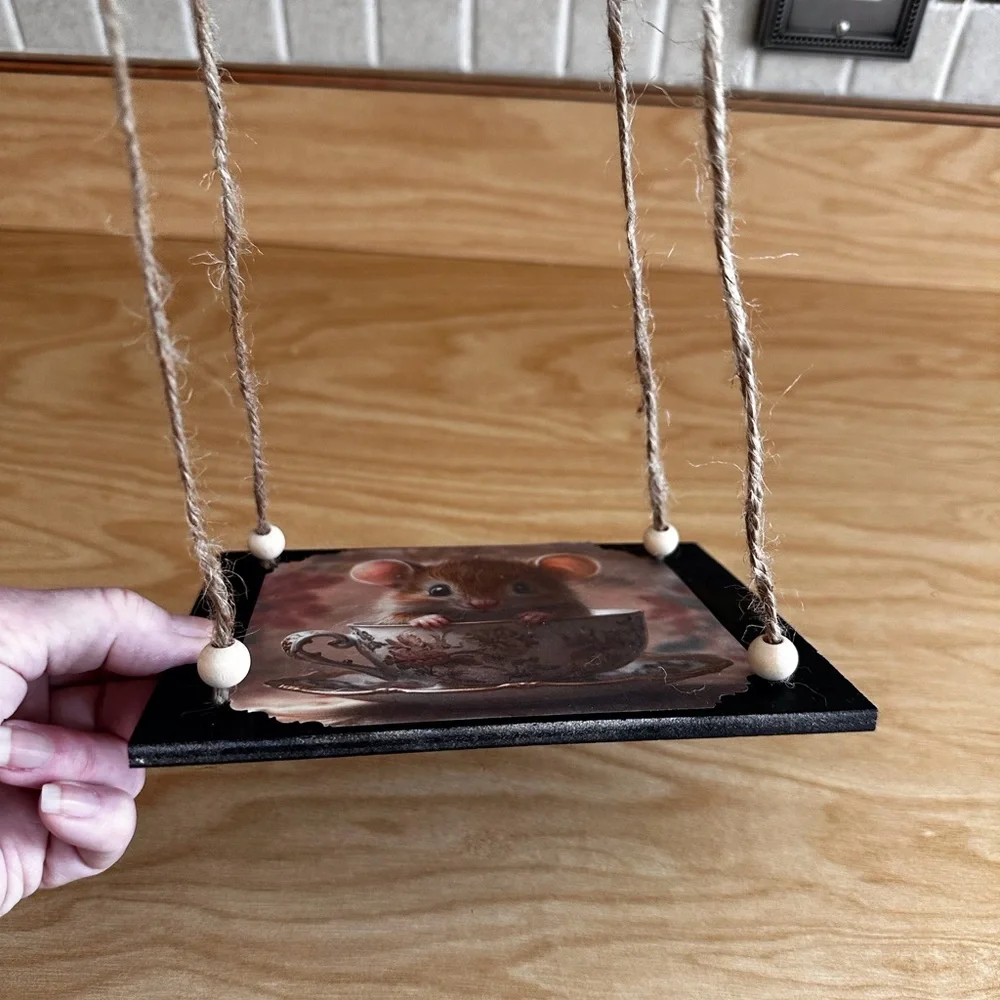 Hand crafted hanging floating shelf with mouse in teacup rustic rope wall shelf